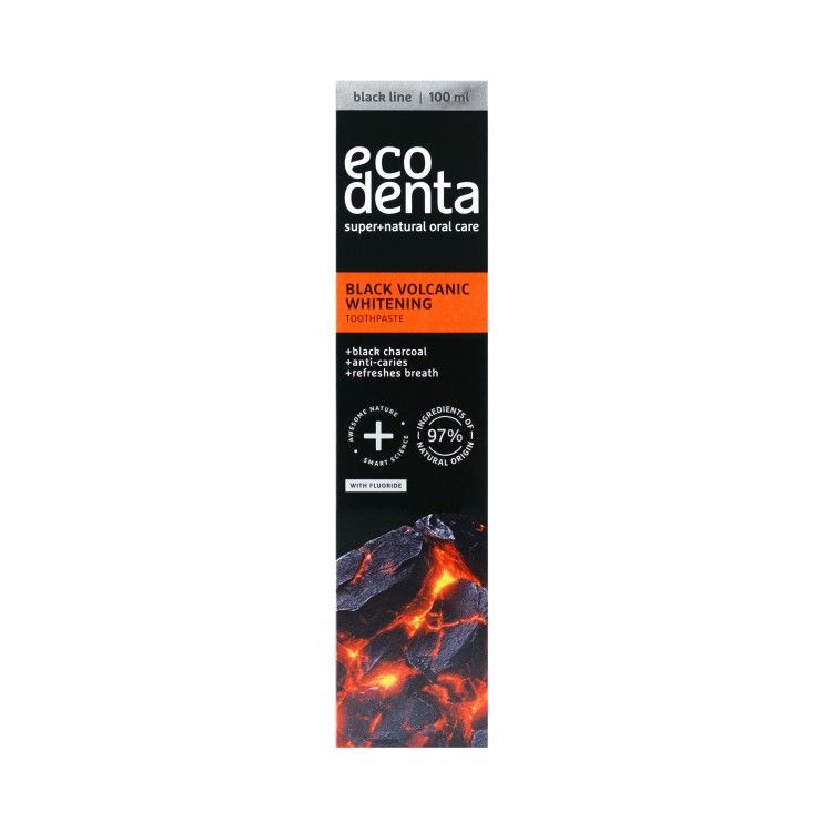 Caja de Pasta de dientes blanqueadora de carbón activo y polvo de lava volcánica Ecodenta 100ml caja negra