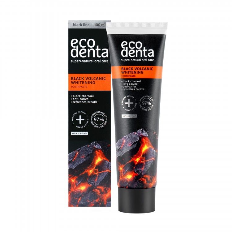 Pasta de dientes blanqueadora de carbón activo y polvo de lava volcánica Ecodenta 100ml caja negra