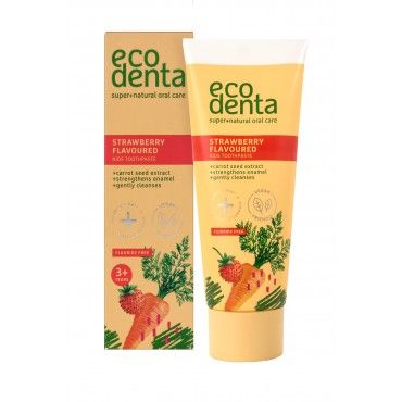 Pasta de dientes infantil sabor fresa sin flúor Ecodenta 75ml caja naranja con dibujo de fresa y zanahoria