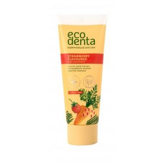 Tubo de Pasta de dientes infantil sabor fresa sin flúor Ecodenta 75ml caja naranja con dibujo de fresa y zanahoria