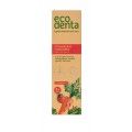 Caja de Pasta de dientes infantil sabor fresa sin flúor Ecodenta 75ml caja naranja con dibujo de fresa y zanahoria