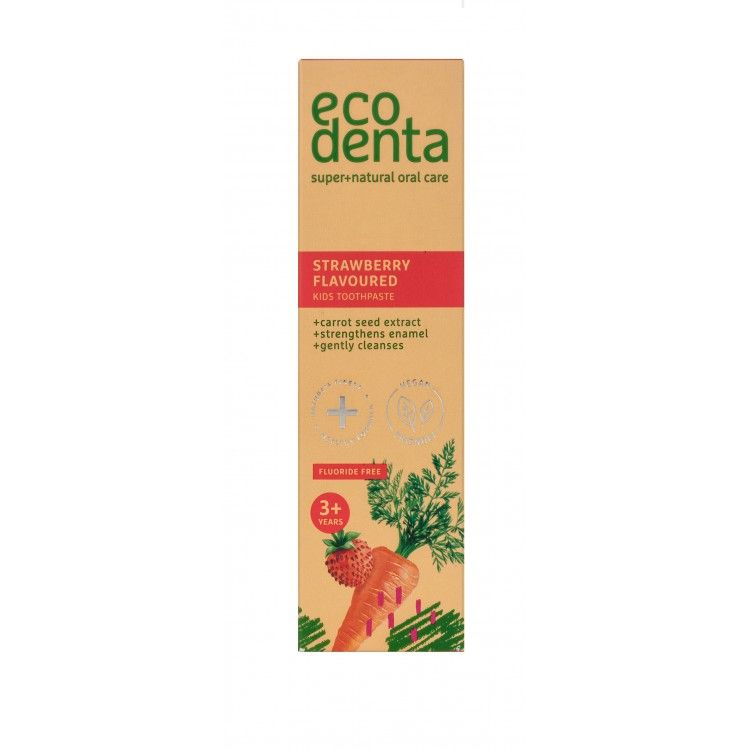 Caja de Pasta de dientes infantil sabor fresa sin flúor Ecodenta 75ml caja naranja con dibujo de fresa y zanahoria