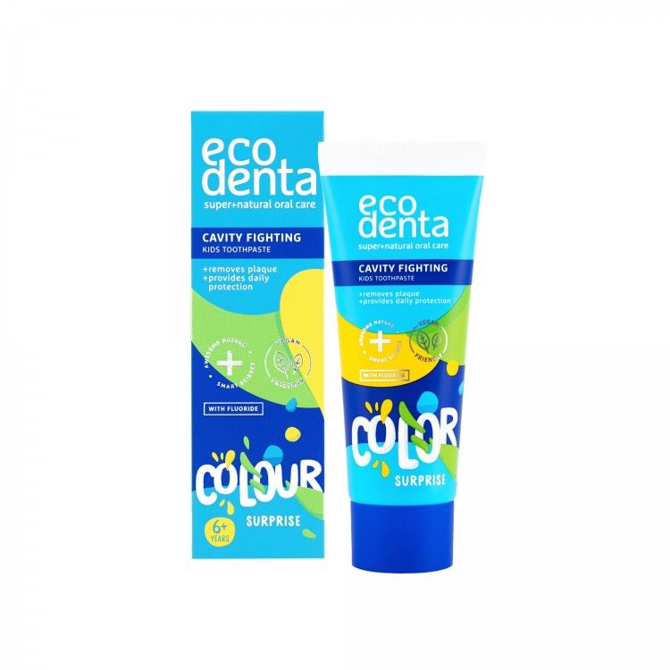 Pasta de dientes infantil anticaries sorpresa de color Ecodenta 75ml caja azul y verde