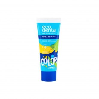 Tubo de Pasta de dientes infantil anticaries sorpresa de color Ecodenta 75ml caja azul y verde