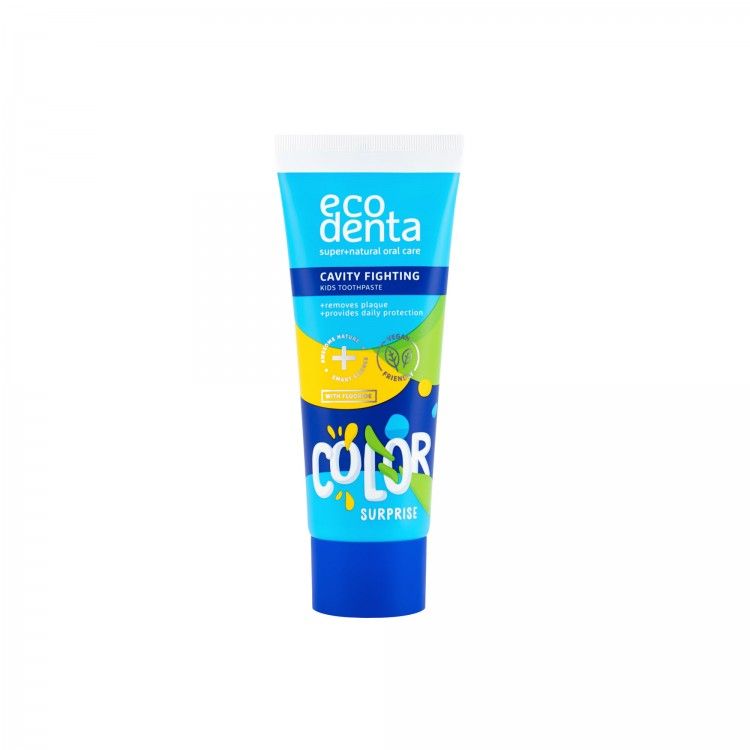 Tubo de Pasta de dientes infantil anticaries sorpresa de color Ecodenta 75ml caja azul y verde