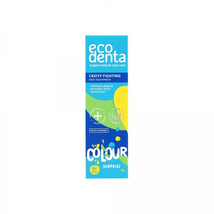 Caja de Pasta de dientes infantil anticaries sorpresa de color Ecodenta 75ml caja azul y verde
