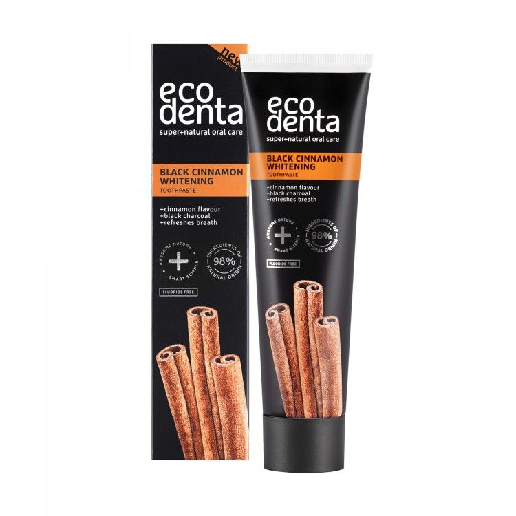 Pasta de dientes blanqueadora de carbón activo y canela Ecodenta 100ml caja negra