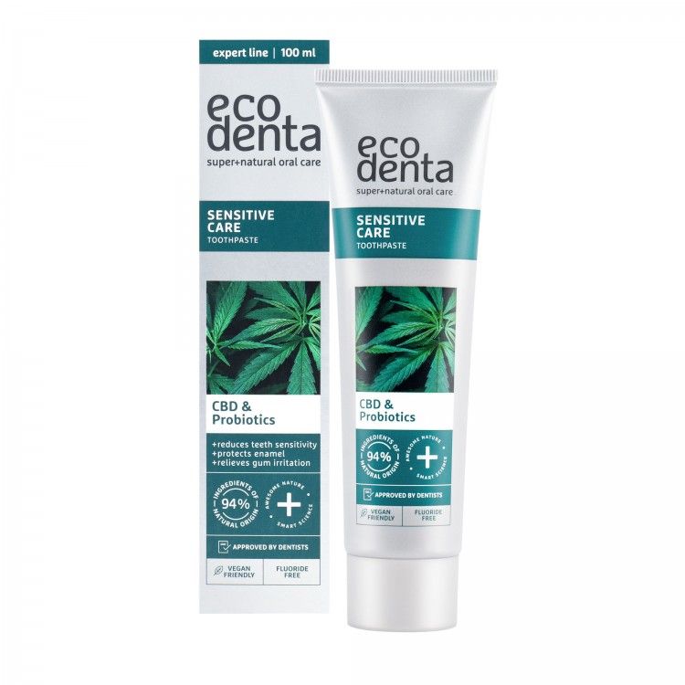Pasta de dientes cuidado sensible con CBD y probióticos Ecodenta 100ml caja
