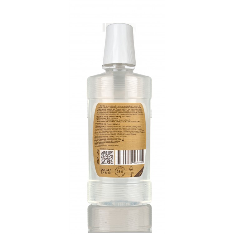 Enjuague bucal organico coco menta Ecodenta 250ml botella trasera
